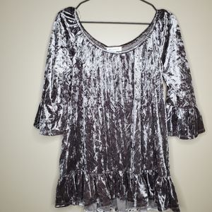 Beachlunchlounge Gray Velvet Ruffle Trim Blouse